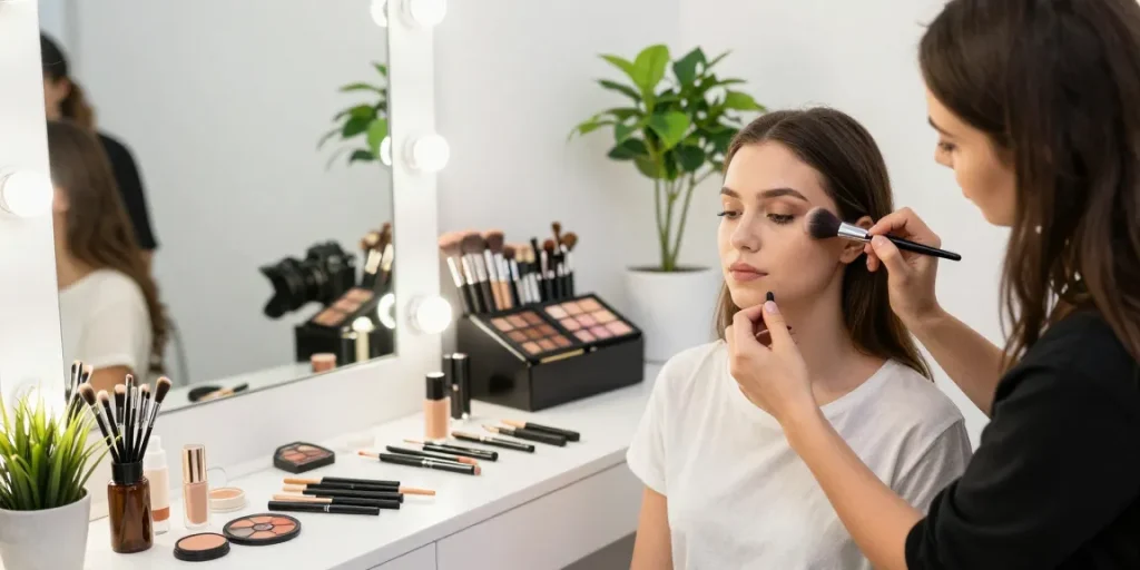 Model receiving makeup application with a dense makeup brush in a bright studio while showcasing vibrant beauty products.