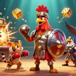 Rikbet's captivating illustration showcasing a gladiator rooster amidst dynamic casino themes.