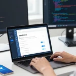 Adjusting telegram chinese settings on a laptop in a tech workspace.
