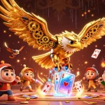 Engage in thrilling gaming action at lc88comm with a dynamic 3D scene showcasing a golden eagle amidst holographic playing cards.