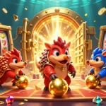 Mekar11 brings to life thrilling slot action with rival pangolins competing amid sparkling treasure and vibrant game elements.