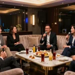 강남가라오케 고급스러운 프라이빗 룸에서 비즈니스 미팅을 즐기는 모습, 분위기 있는 조명과 고급 음료.