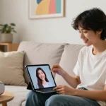 Interactive experience with ai girlfriend on tablet in a cozy living room setting