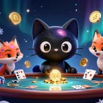 Jouer au poker en ligne avec une illustration colorée d'un chat de trou noir et un renard nébuleux.