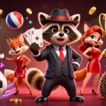 I migliori siti scommesse non AAMS presentano un gentiluomo procione che mostra una mano vincente, circondato da elementi sportivi dinamici.