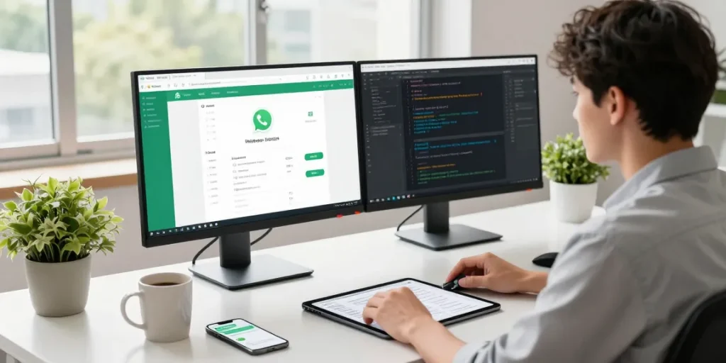 Using WhatsApp網頁版 in a modern workspace with dual monitors and organized desk elements.