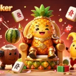 Play exciting games at u888poker with our vibrant scene featuring a pineapple king and engaging casino elements.