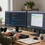 A productive workspace highlighting Snipaste官网 features with a developer coding on dual monitors and creative tools.