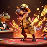 11M showcases a 3D velociraptor card counter at a blackjack table, surrounded by rich casino elements.