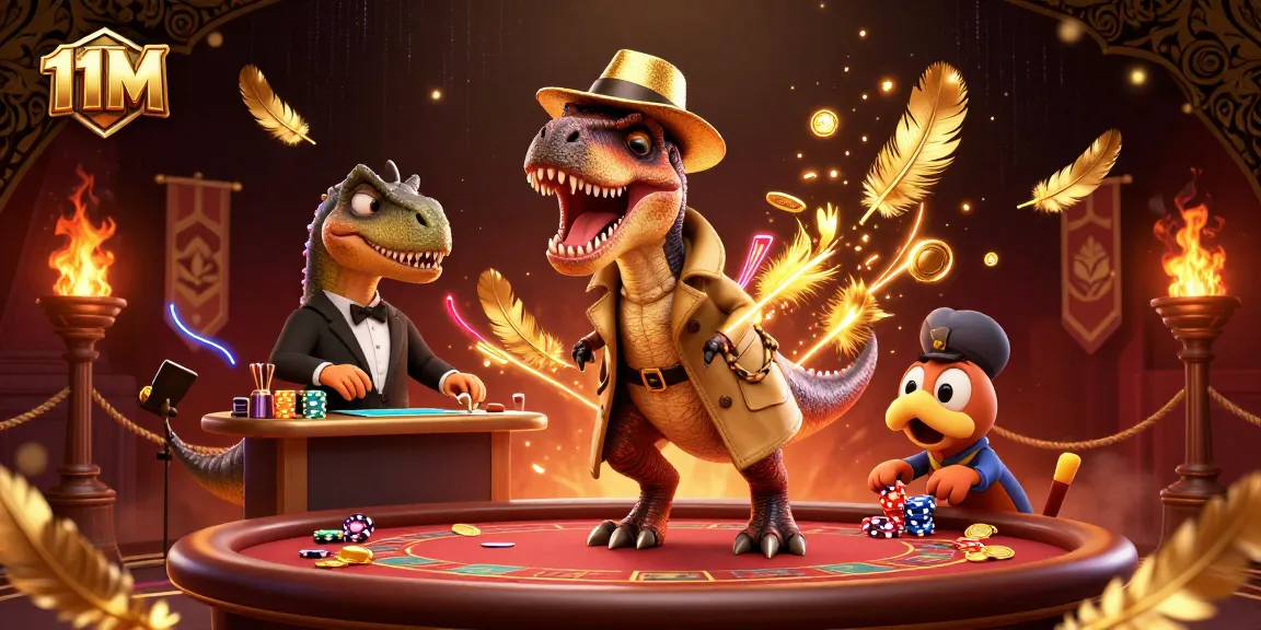 11M showcases a 3D velociraptor card counter at a blackjack table, surrounded by rich casino elements.