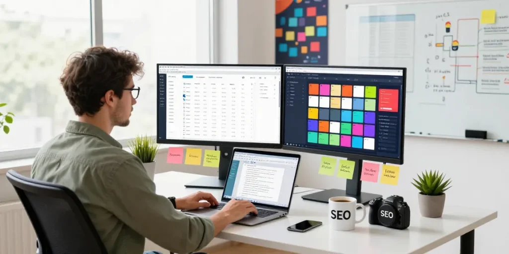 SEO specialist analyzing LLG link indexing tools in a modern digital workspace