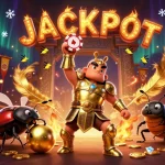 HWGSLOT features a victorious beetle in armor lifting a chip amidst dynamic casino elements