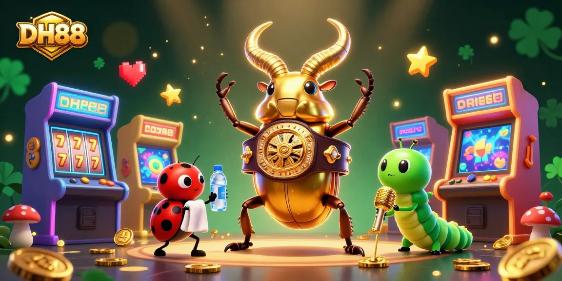 Experience the thrill of DH88 with a golden stag beetle champion in a vibrant casino world.