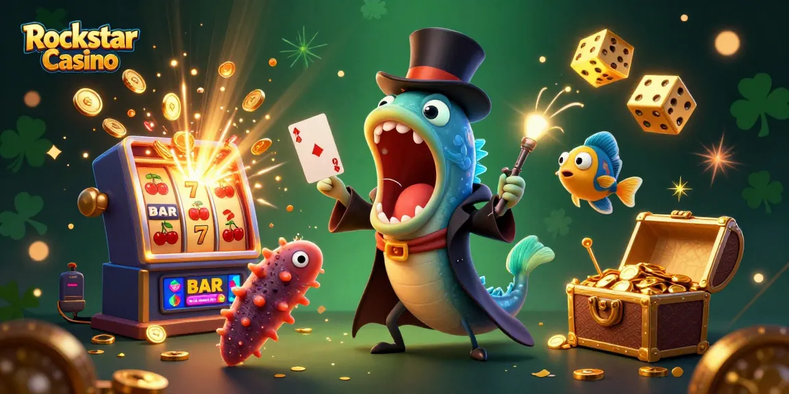 Experience the thrill of Rockstar Casino illustrated with magical sea creatures performing exciting casino acts.