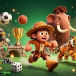 Experience dynamic gameplay at 9betb with a lively casino scene featuring cartoon characters and sports elements.