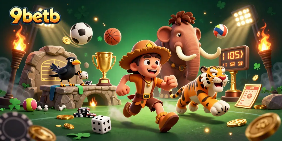 Experience dynamic gameplay at 9betb with a lively casino scene featuring cartoon characters and sports elements.