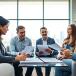 Consultant analyzing contracts and grants with a diverse team in a bright office setting.
