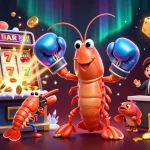 DABET slots feature a cartoon mantis shrimp and accessories bursting with jackpot coins and vibrant colors.