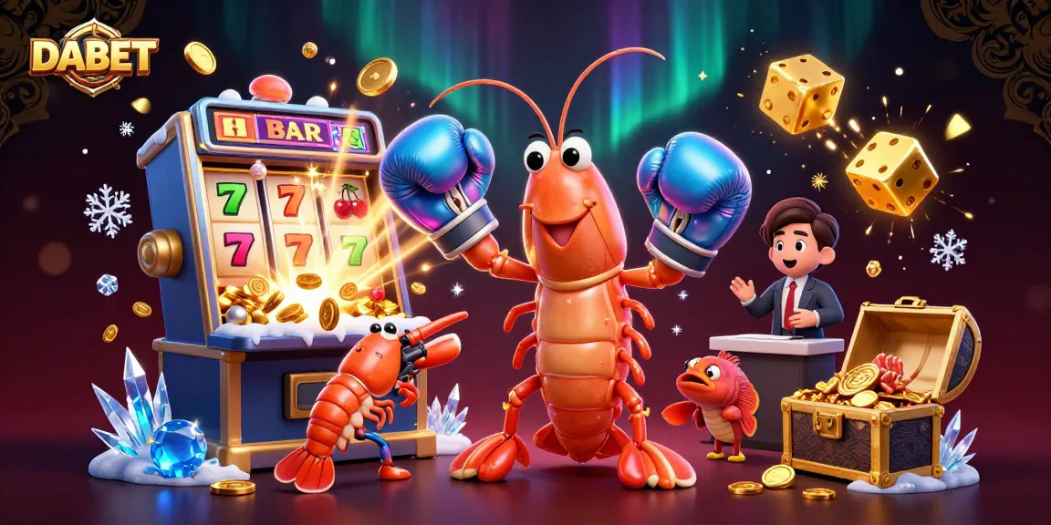 DABET slots feature a cartoon mantis shrimp and accessories bursting with jackpot coins and vibrant colors.