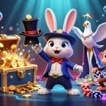 Experience exhilarating gaming with Vin88 featuring a rabbit magician and casino elements in a vibrant 3D scene.