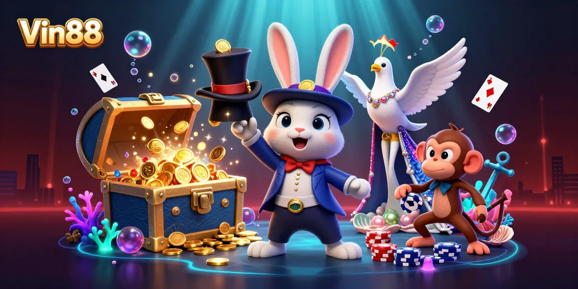 Experience exhilarating gaming with Vin88 featuring a rabbit magician and casino elements in a vibrant 3D scene.