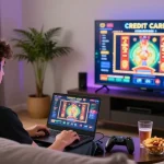 Engaging player experiencing online gaming at a credit card casino, showcasing https://dentalgroups.co.uk in a vibrant living room.