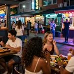 Friends enjoying the nightlife at a lively 유흥사이트, showcasing dining, dancing, and entertainment in a vibrant urban setting.