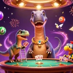 Engage with keonhacai 55 in a vibrant casino scene filled with colorful lottery balls and animated characters.