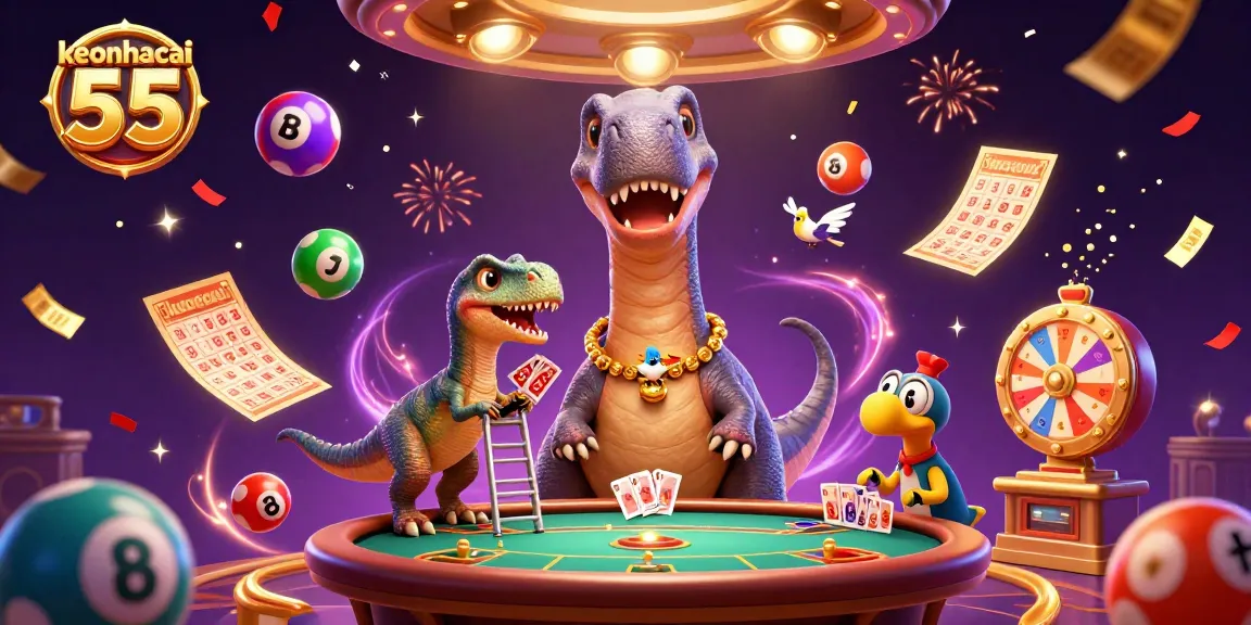 Engage with keonhacai 55 in a vibrant casino scene filled with colorful lottery balls and animated characters.