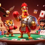 Experience casino excitement with u888com’s dynamic illustration featuring a gladiator rooster and poker elements.