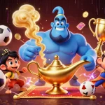 LU88 sport-themed casino illustration featuring a dynamic genie and magical elements
