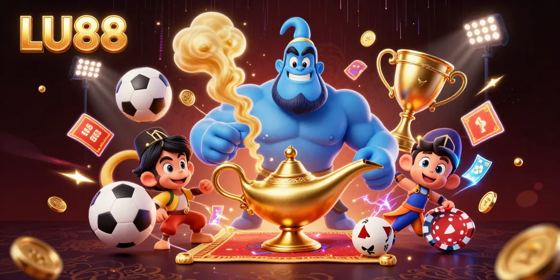 LU88 sport-themed casino illustration featuring a dynamic genie and magical elements