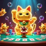 Tỷ lệ kèo nhà cái depicted with vibrant casino elements and a lucky cat in a dynamic illustration.