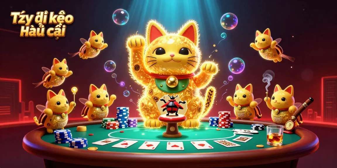 Tỷ lệ kèo nhà cái depicted with vibrant casino elements and a lucky cat in a dynamic illustration.