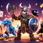 Jouez au casino en ligne avec des personnages amusants comme un loup guerrier et un dragon, entouré de pièces d'or et de cartes.