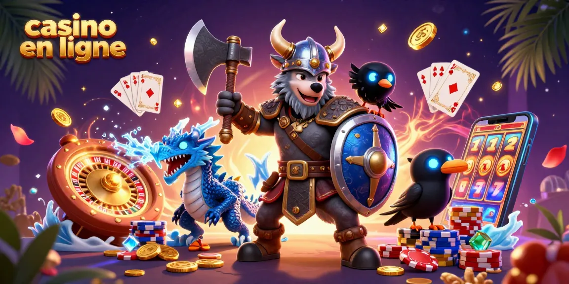 Jouez au casino en ligne avec des personnages amusants comme un loup guerrier et un dragon, entouré de pièces d'or et de cartes.