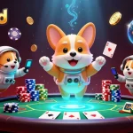 Tikus4D menghadirkan corgi astronot bercanda di kasino luar angkasa dengan chip poker dan koin emas, cocok untuk para pemain togel.
