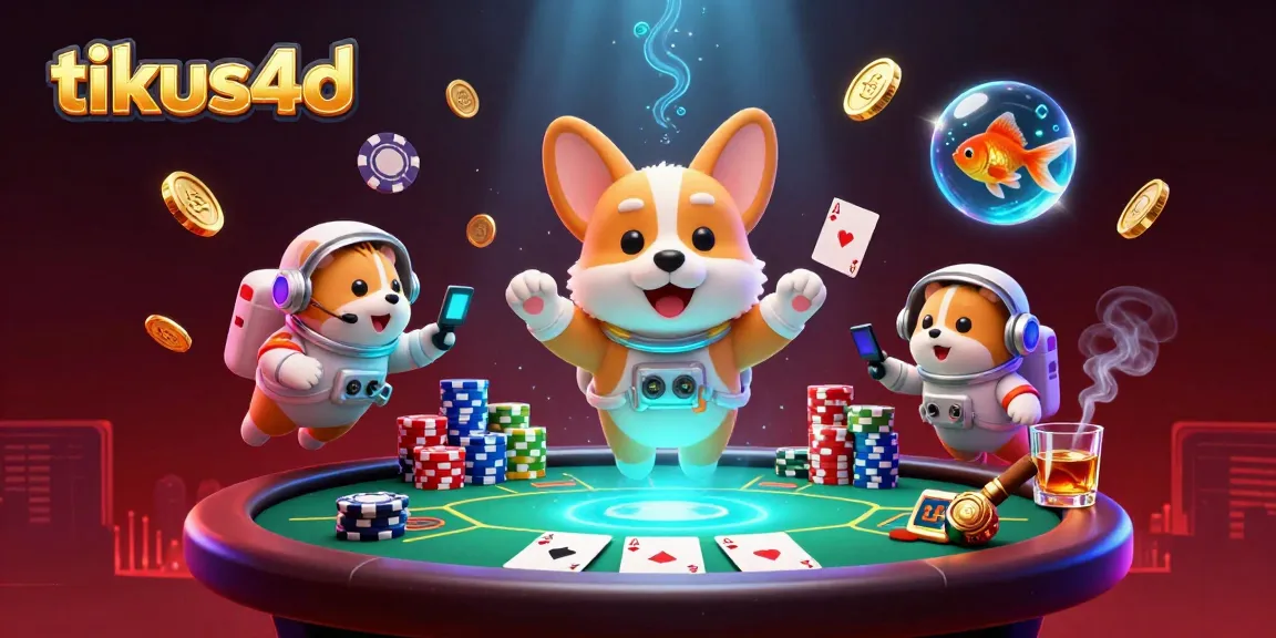 Tikus4D menghadirkan corgi astronot bercanda di kasino luar angkasa dengan chip poker dan koin emas, cocok untuk para pemain togel.