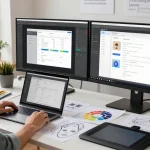 Designer using 截图工具 Snipaste at a modern tech workspace with dual monitors and design tools.