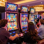 Players enjoying the zeus slot machine in a vibrant casino environment, celebrating wins with excitement and cheering.
