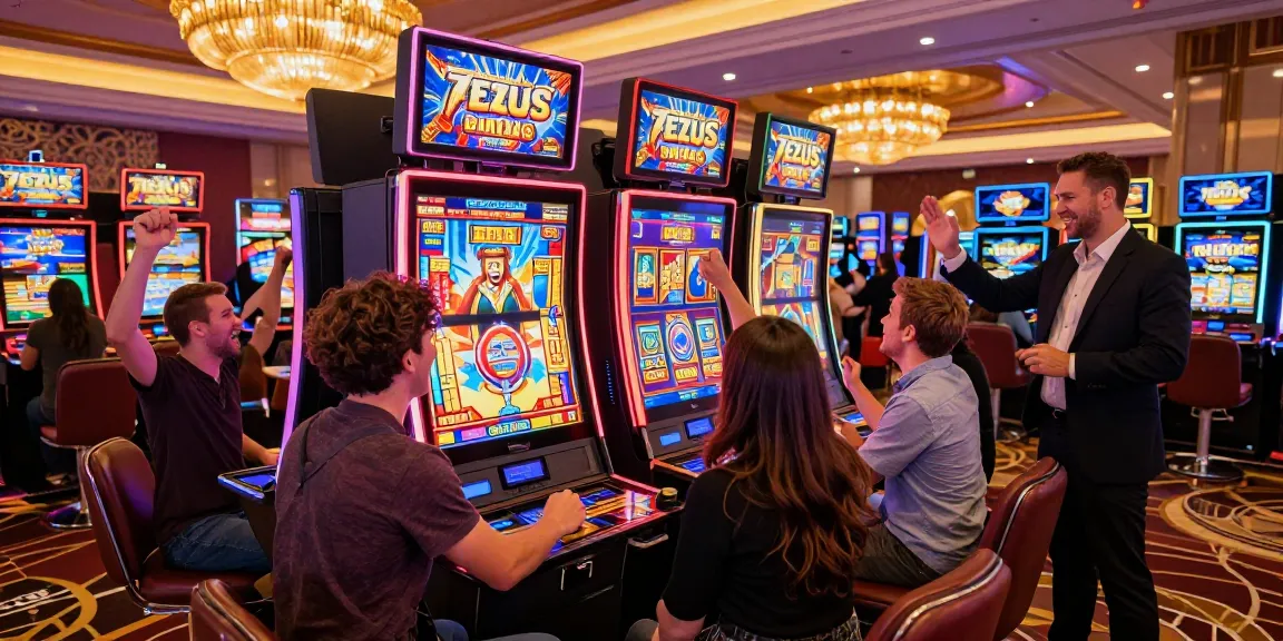 Players enjoying the zeus slot machine in a vibrant casino environment, celebrating wins with excitement and cheering.