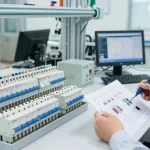 Technician analyzing a miniature circuit breaker in a modern electrical lab, showcasing safety and precision.
