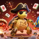 Play casino games with sunwin's vibrant scene featuring treasure-hunting characters and festive elements.