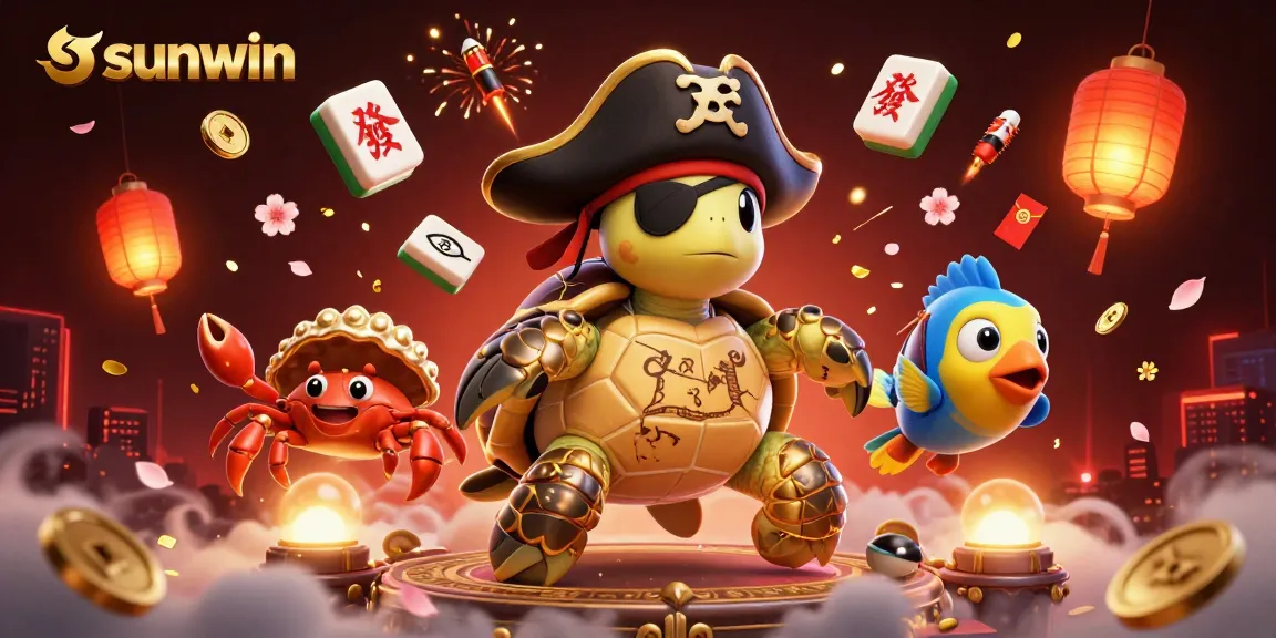Play casino games with sunwin's vibrant scene featuring treasure-hunting characters and festive elements.