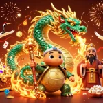 NAGACOR181 showcases an energetic casino scene with a jade dragon and slot elements.