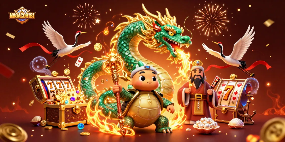 NAGACOR181 showcases an energetic casino scene with a jade dragon and slot elements.