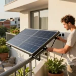 Balcony solar panel installation on a modern apartment, highlighting eco-friendly living.
