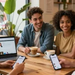 Singles connecting over coffee using the HundRoses app in a cozy café.