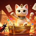 Win big with vmax as a cartoon mummy cat bursts from a sarcophagus in a vibrant casino scene.