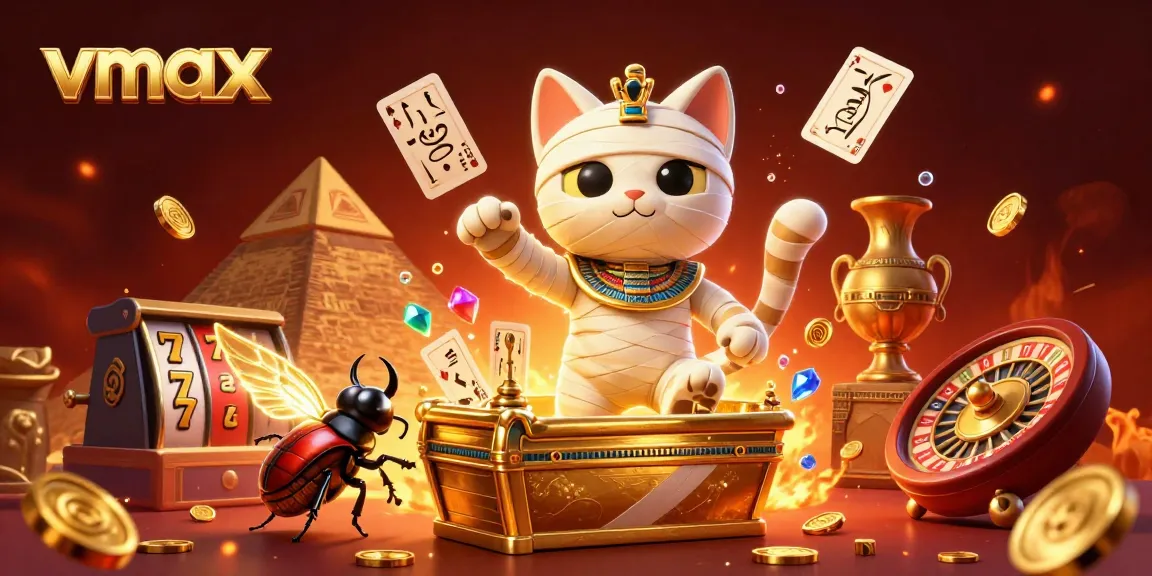 Win big with vmax as a cartoon mummy cat bursts from a sarcophagus in a vibrant casino scene.